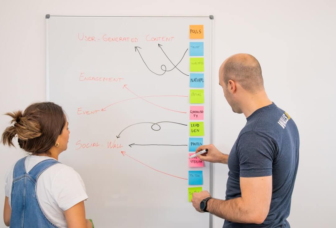 a man and a woman standing in front of a whiteboard