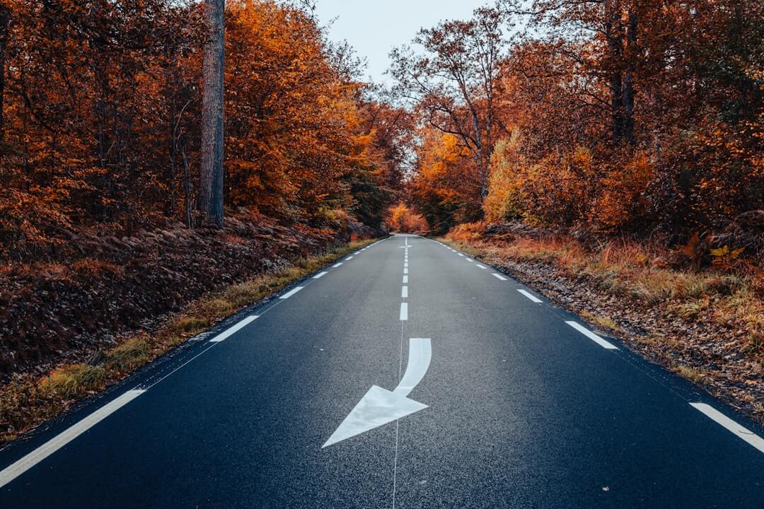 an empty road with a white arrow painted on it
