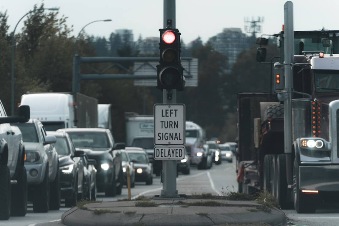 a traffic light on a busy city street