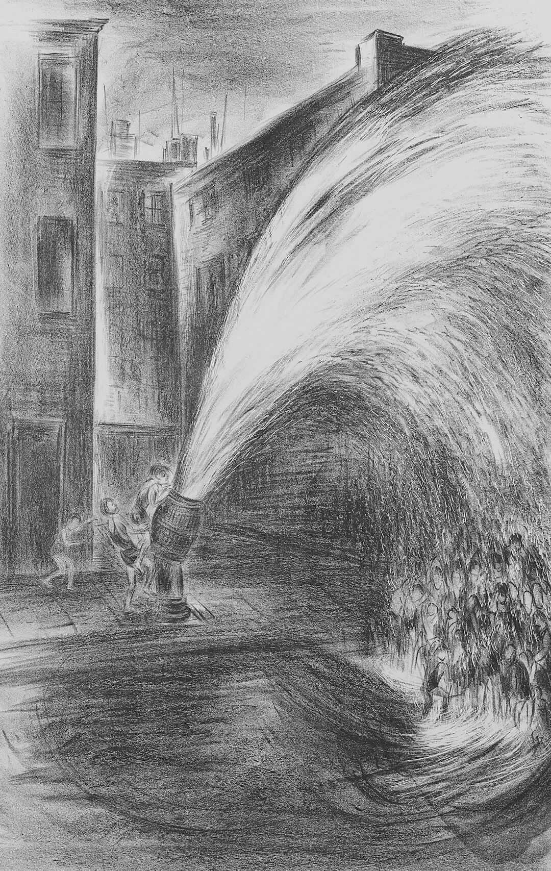 Firefighters spray water from a hydrant onto a crowd.