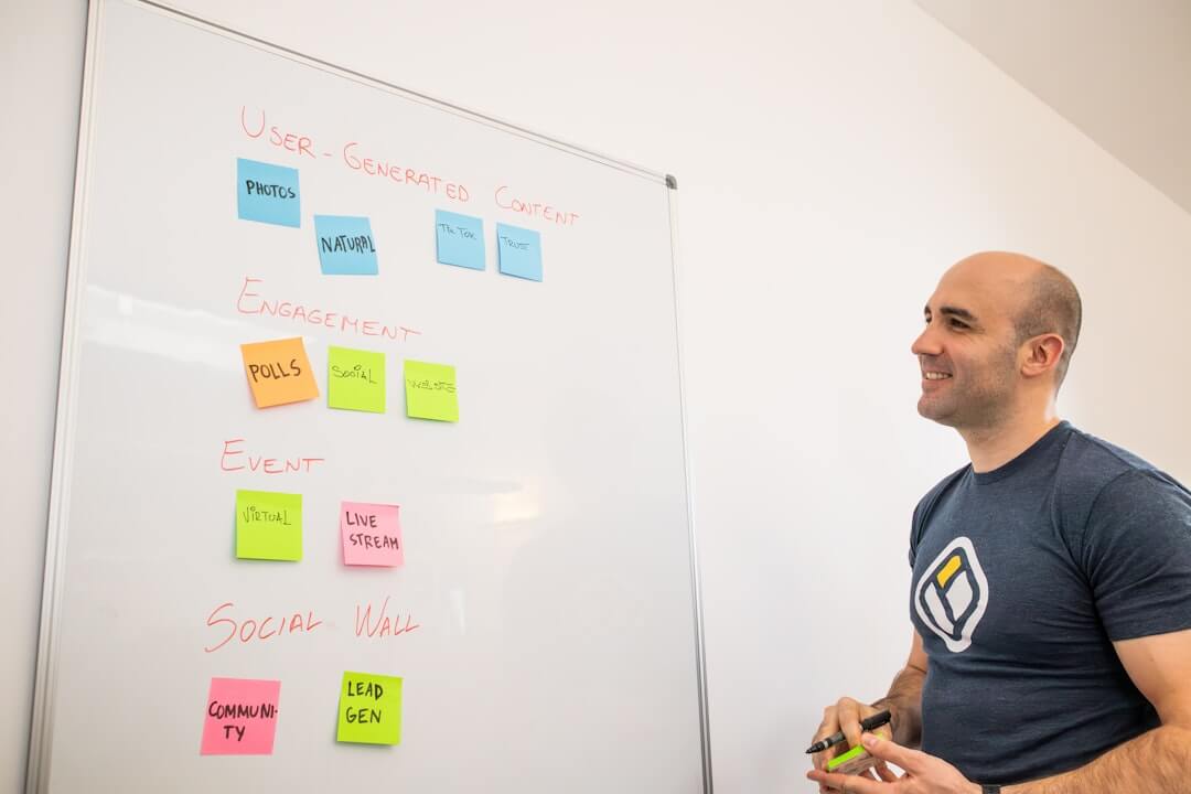 a man standing in front of a white board with sticky notes on it