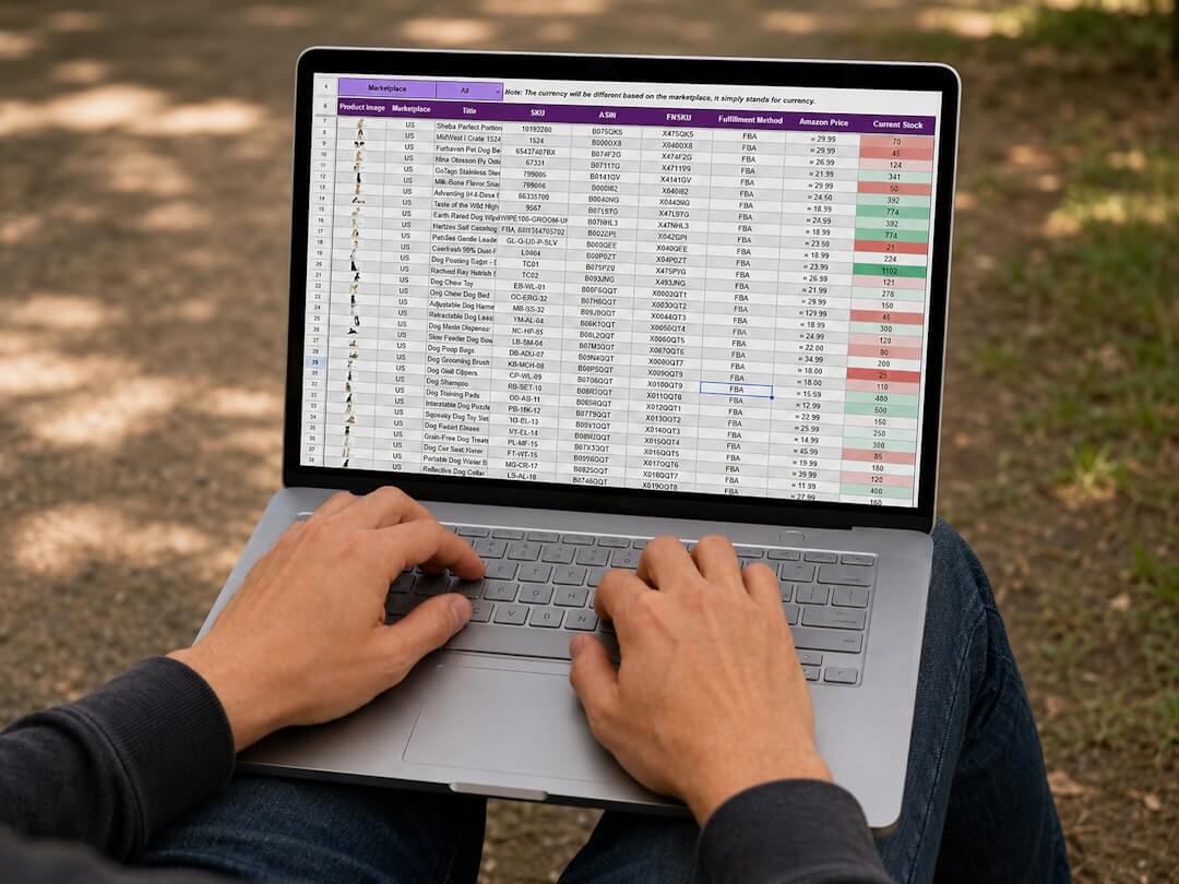 Person working on a laptop with a spreadsheet outdoors.