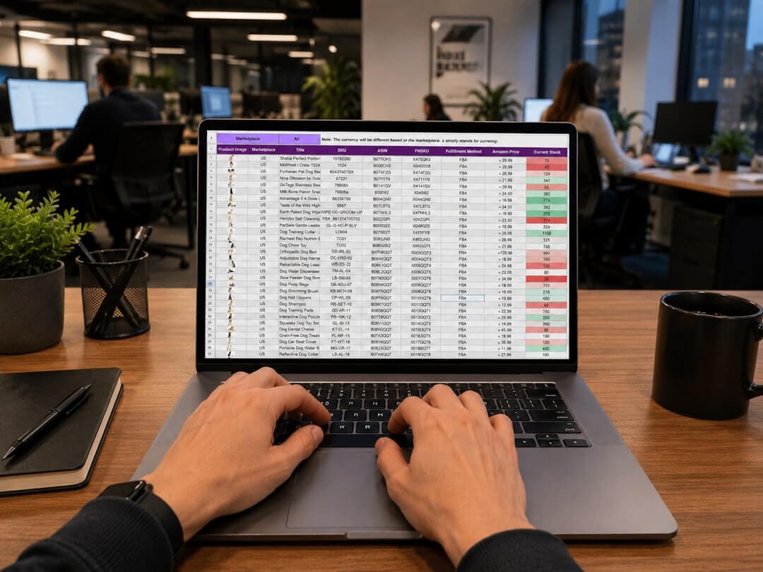 Hands typing on a laptop displaying a data spreadsheet.