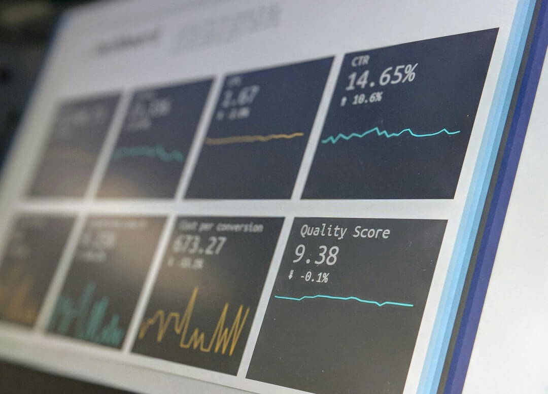 A digital dashboard displaying marketing metrics including CTR and quality score on a screen