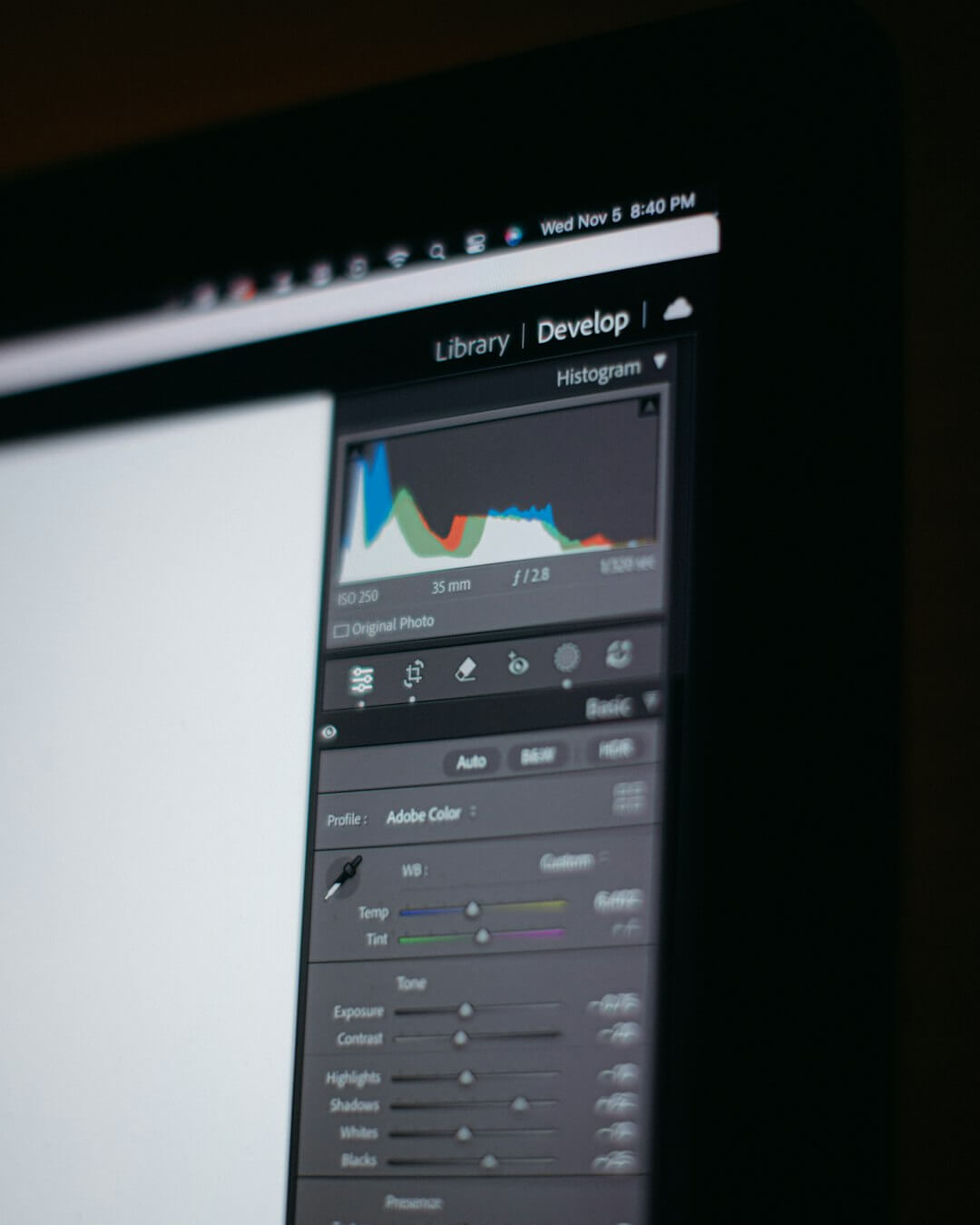 Computer screen displaying editing software interface with histogram