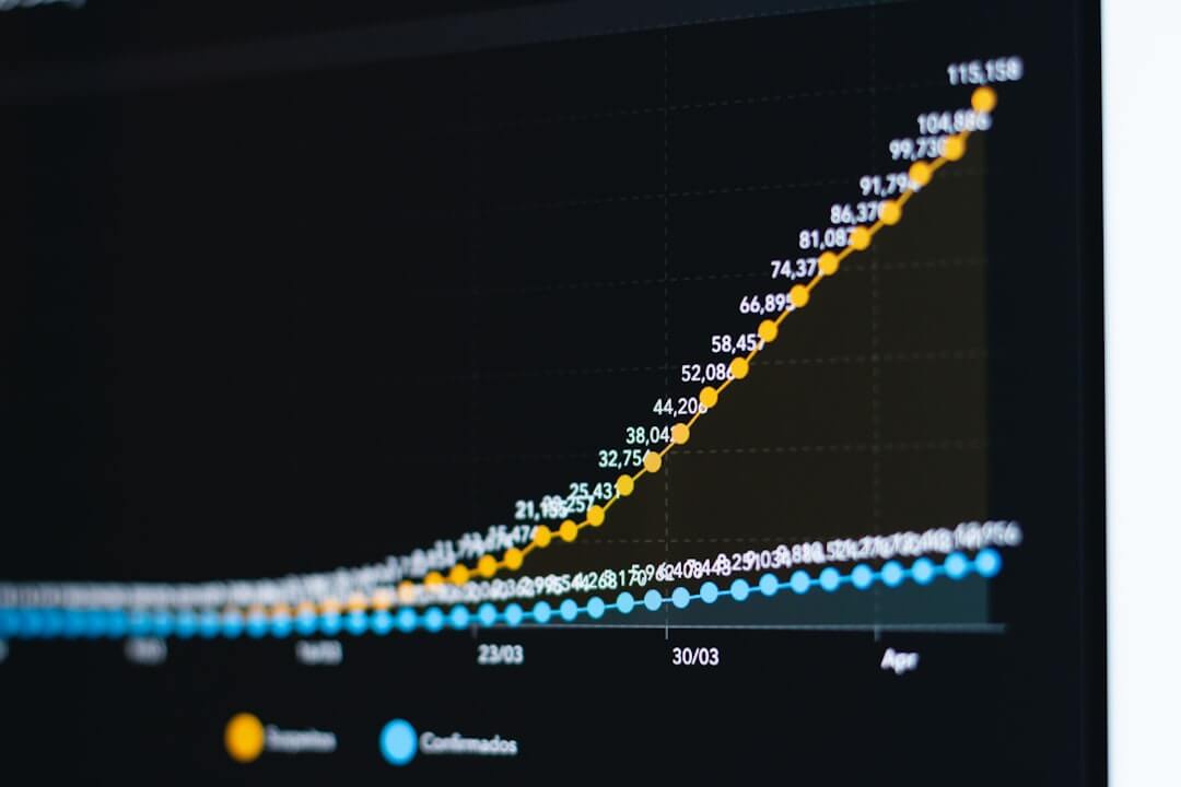 A line graph with rising yellow and flat blue data points on a dark background
