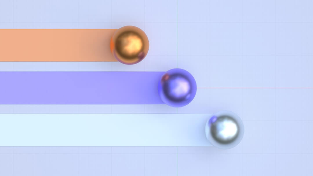 Colored spheres move along parallel lines