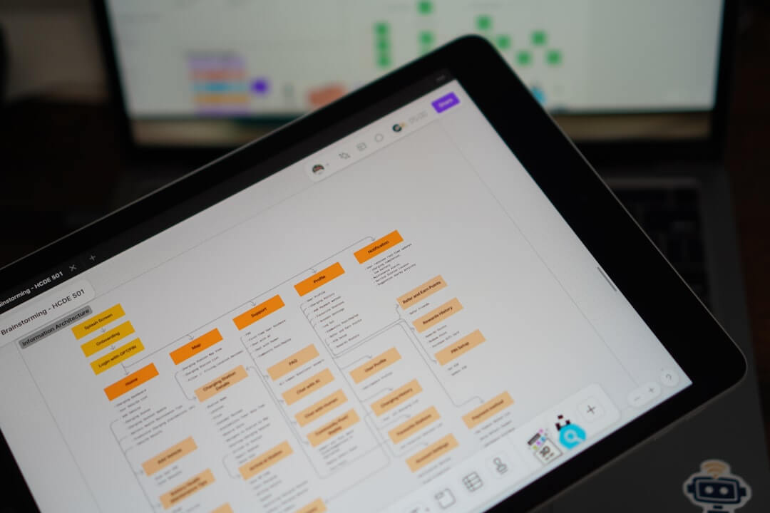 Tablet screen displaying a grid of orange blocks