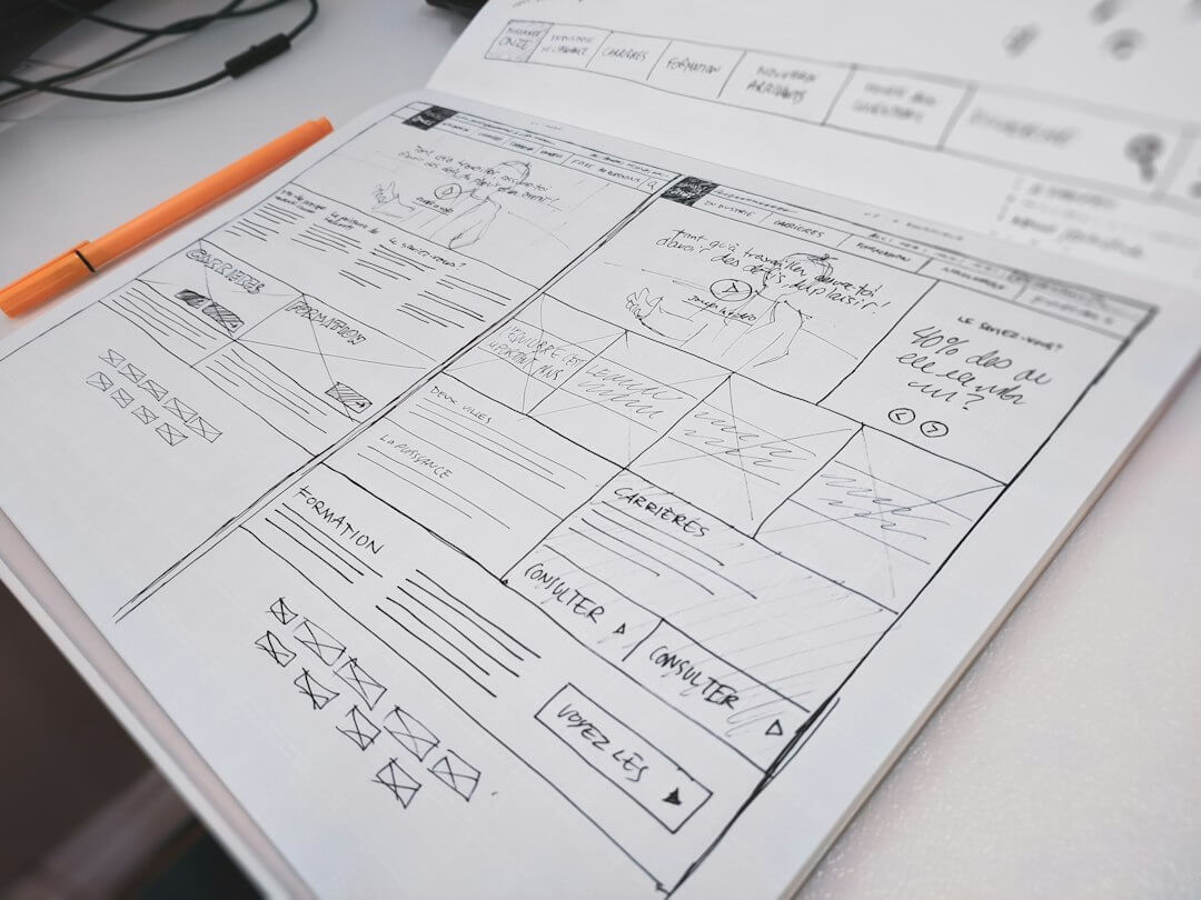 A hand-drawn website wireframe on paper with an orange pen on a desk