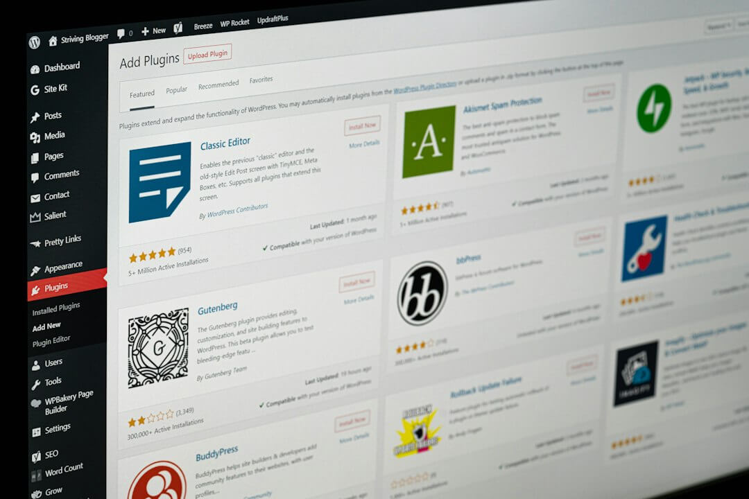 A computer screen displaying the WordPress plugin installation page with various software options