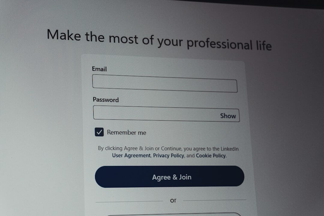 Linkedin login screen with email and password fields