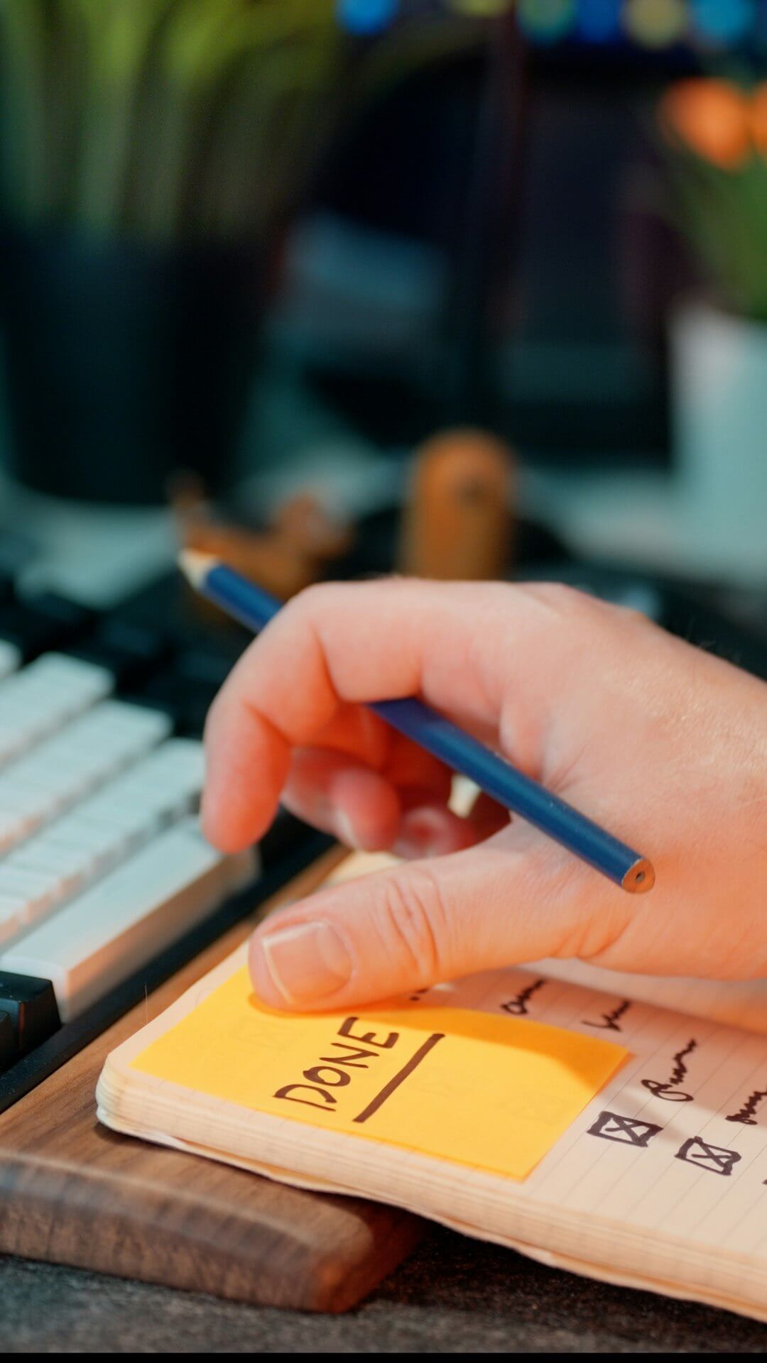 A hand writing "done" on a notepad